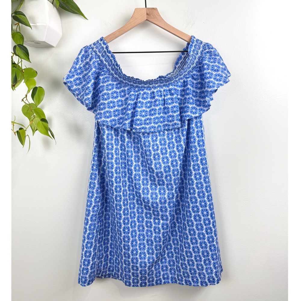 Vineyard Vines Blue Geometric Off Shoulder Cotton Mini Dress L Coastal Preppy